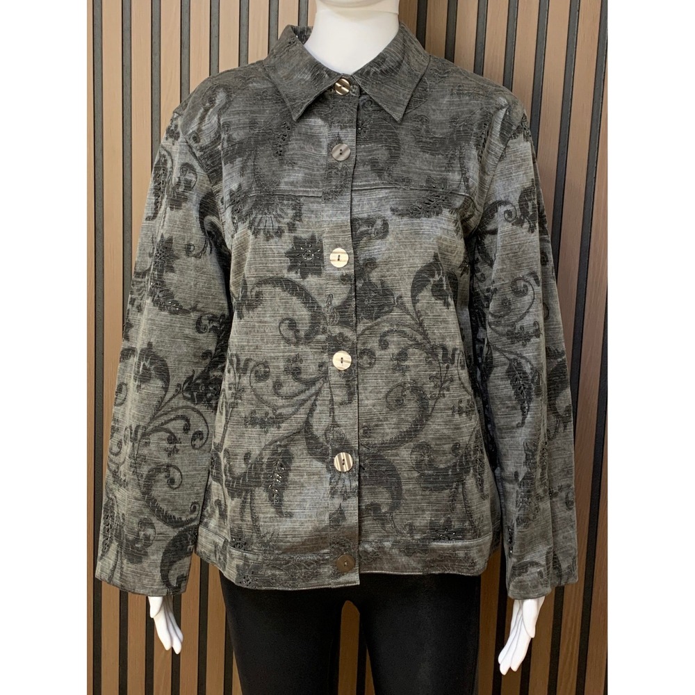 Coldwater Creek Grey Floral Damask Beaded Button Front Jacket Turkish Fabric L